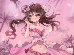 Rule 34 | 1girl, animal ears, arknights, bare shoulders, bikini, blush, breasts, brown hair, cleavage, commentary, eyjafjalla (arknights), eyjafjalla (summer flower) (arknights), flower, hair between eyes, hair flower, hair ornament, hand up, highres, horns, long hair, navel, off-shoulder bikini, off shoulder, outdoors, palm tree, parted lips, pink bikini, pink eyes, pink flower, pink sky, plaid, plaid bikini, sheep ears, sheep horns, short sleeves, sky, solo, stomach, swimsuit, symbol-only commentary, tree, upper body, uuuu (xinguwu)