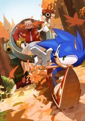 Rule 34 | 2boys, absurdres, angry, animal nose, autumn leaves, dr. eggman, facial hair, forest, glasses, gloves, green eyes, grin, highres, jacket, mecha, multiple boys, mustache, nature, red jacket, robot, running, salute, sky, smile, sonic (series), sonic the hedgehog, thehelmet guy, two-finger salute, white gloves