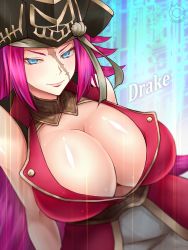 Rule 34 | 10s, 1girl, bare shoulders, blue eyes, breasts, character name, cilica, cleavage, fate/extra, fate/grand order, fate (series), francis drake (fate), hat, highres, huge breasts, long hair, pink hair, pirate hat, scar, scar on face, smirk, solo