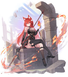 Rule 34 | absurdres, animal ears, black dress, black gloves, black thighhighs, breasts, bridal gauntlets, cat ears, cleavage, crossed legs, dress, elbow gloves, fire, flower, gloves, hair between eyes, hair flower, hair ornament, high heels, highres, holding, holding polearm, holding weapon, long hair, looking at viewer, medium breasts, original, polearm, red eyes, red hair, single thighhigh, sitting, spear, thigh strap, thighhighs, weapon, yeosi