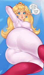 Rule 34 | 1girl, ange1witch, arm up, ass, blonde hair, blue background, blue eyes, blush, bodysuit, boots, breasts, cameltoe, cleft of venus, covered erect nipples, crown, earrings, from behind, gloves, highres, impossible clothes, jewelry, large breasts, long hair, looking at viewer, looking back, mario (series), nintendo, parted lips, pink bodysuit, pink footwear, pink gloves, princess peach, simple background, skin tight, solo, speech bubble, text focus, the super mario bros. movie, thick lips, thick thighs, thighs