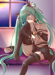 Rule 34 | 1girl, animal ears, bell, cat ears, cat tail, chain, chun (ya i memories), collar, cup, elbow gloves, gloves, green eyes, green hair, hatsune miku, highres, jingle bell, long hair, matching hair/eyes, neck bell, sitting, skirt, solo, tail, teacup, thighhighs, torn clothes, twintails, very long hair, vocaloid, window