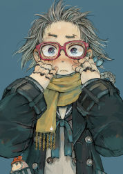 Rule 34 | 1girl, animal print, blue background, blue eyes, blush, braid, brown hair, closed mouth, coat, doll joints, ebimomo, female focus, glasses, grey hair, jacket, joints, long sleeves, looking at viewer, mechanical arms, open clothes, open coat, original, rabbit print, red-framed eyewear, sailor collar, scarf, school uniform, serafuku, simple background, solo, tears, upper body, yellow scarf