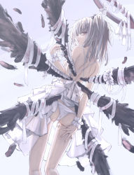 Rule 34 | 1girl, angel, ass, back, biohazard symbol, black bow, black feathers, black wings, bow, brown eyes, dress, feathers, fingernails, frills, grey hair, hair bow, halo, highres, leg tattoo, long hair, looking at viewer, looking back, multiple wings, original, osobachan, panties, parted lips, solo, symbol-shaped pupils, tattoo, twintails, underwear, white bow, white dress, white panties, wings
