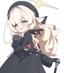 Rule 34 | 1girl, absurdres, beret, black coat, black dress, black gloves, black hat, black shirt, blonde hair, blue archive, blush, cane, coat, dress, gloves, green eyes, hair intakes, halo, hat, highres, holding, jacket, long hair, long malin, long sleeves, looking at viewer, off shoulder, open clothes, open coat, open mouth, professor niyaniya (blue archive), shirt, simple background, smile, solo, twitter username, white background, yellow halo