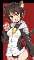 Rule 34 | 1girl, animal ears, black hair, black jacket, black panties, body fur, body markings, cat ears, cat tail, clenched hand, commentary, cougar (cougar1404), cowboy shot, fang, hood, hood down, hooded jacket, jacket, kua (cougar1404), looking at viewer, multicolored hair, no pants, open mouth, orange hair, original, panties, prototype design, red background, short hair, skin fang, smile, solo, standing, streaked hair, tail, underwear, white jacket, yellow eyes