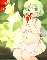 Rule 34 | 1girl, akitaka (mcdonnell-douglas), bad id, bad pixiv id, belly, berry, blush, fairy wings, fang, food, fruit, green eyes, green hair, in tree, looking at viewer, matching hair/eyes, midriff, navel, open mouth, original, plump, short hair, sitting, skirt, solo, tree, wings