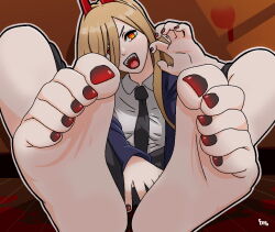 Rule 34 | 1girl, black nails, chainsaw man, feet, female focus, foot focus, looking at viewer, mohoshadream, open mouth, paw pose, power (chainsaw man), red nails, sharp teeth, smile, soles, teeth, toenails, toes