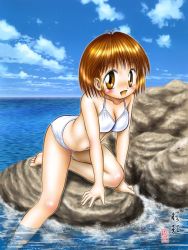 Rule 34 | 1girl, bikini, blush, breasts, cloud, eyebrows, navel, open mouth, partially submerged, sky, smile, solo, swimsuit, toes, water