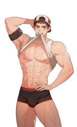 Rule 34 | 1boy, abs, arm behind head, armpit hair, armpits, backwards hat, bandaid, bandaid on cheek, bandaid on face, bara, baseball cap, beom liben, boxer briefs, bulge, clothes in mouth, feet out of frame, hat, highres, huge pectorals, large pectorals, lifting own clothes, looking at viewer, male focus, male underwear, mouth hold, muscular, muscular male, navel, navel hair, nipples, no pants, original, pectorals, pober-kun, sanpaku, second-party source, seductive smile, shirt in mouth, short hair, smile, solo, stomach, tank top, thick eyebrows, thick thighs, thighs, underwear, white tank top