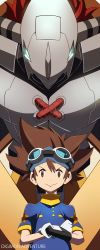 Rule 34 | 1boy, armor, bad id, bad pixiv id, brown eyes, brown hair, copyright name, crossed arms, digimon, digimon (creature), digimon adventure, glowing, glowing eyes, goggles, hajime (hajime-ill-1st), helmet, horns, male focus, monster, red hair, short hair, size difference, smile, solo, upper body, wargreymon, yagami taichi