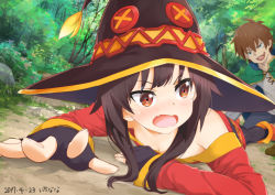 Rule 34 | 10s, 1boy, 1girl, bare shoulders, blush, breasts, brown hair, cleavage, dated, day, dress, fang, fingerless gloves, gloves, grass, hat, kono subarashii sekai ni shukufuku wo!, long sleeves, looking back, lying, megumin, mokyutan, on ground, on stomach, open mouth, outdoors, rape face, red eyes, satou kazuma, short hair with long locks, sidelocks, small breasts, smile, strapless, strapless dress, thighhighs, tongue, tree, tube dress, witch hat, you gonna get raped