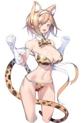 Rule 34 | absurdres, alternate costume, animal ears, bikini, blonde hair, bow, breasts, cacaco, djeeta (granblue fantasy), facial mark, fang, feet out of frame, gloves, granblue fantasy, highres, jaguar print, large breasts, navel, open mouth, panties, smile, swimsuit, tail, underwear, white background, yellow eyes