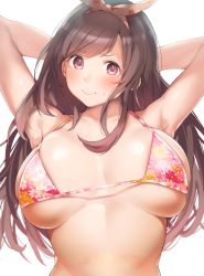 Rule 34 | 1girl, armpits, arms behind head, arms up, bikini, bikini top only, blush, bow, breasts, breasts apart, brown hair, collarbone, hair bow, highres, idolmaster, idolmaster shiny colors, large breasts, long hair, looking at viewer, nekoshoko, simple background, smile, solo, swimsuit, tsukioka kogane, unaligned breasts, white background