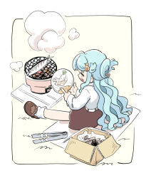 Rule 34 | 1girl, asari nanami, belt, blanket, blue hair, border, box, brown footwear, brown skirt, cardboard box, closed eyes, cooking, fanning, fish, fish hair ornament, from above, from behind, full body, grill, grilling, hair ornament, hand fan, holding, holding fan, idolmaster, idolmaster cinderella girls, imay3927, long hair, long sleeves, on ground, open mouth, outside border, outstretched leg, paper fan, profile, shichirin, shirt, single hair ring, sitting, skirt, socks, solo, steam, tongs, uchiwa, wavy hair, white belt, white border, white shirt, white socks