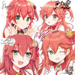 Rule 34 | 4girls, bell, blush, cheek pinching, collaboration, commentary request, fang, green eyes, hair bell, hair between eyes, hair ornament, hairclip, highres, hololive, hoshimachi suisei (artist), houshou marine (artist), long hair, looking at viewer, making-of available, multiple girls, multiple persona, nontraditional miko, one eye closed, one side up, open mouth, pinching, pink hair, pout, sakura miko, sakura miko (1st costume), shigure ui, sidelocks, signature, simple background, skin fang, sleeveless, smile, tsukudani norio, virtual youtuber, white background