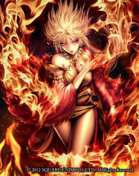 Rule 34 | 10s, 1girl, 2012, blonde hair, breasts, cleavage, facial mark, fire, forehead mark, guardian cross, long hair, official art, orange eyes, raypass, red theme, solo, spiked hair, square enix