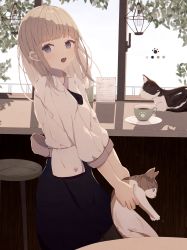 Rule 34 | 1girl, :o, absurdres, animal, apron, blonde hair, blue eyes, cafe, cat, cup, hanging lantern, highres, holding, holding animal, holding cat, long hair, menu, open mouth, original, saucer, scalegif, solo, stool, teacup, tree, window