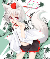 Rule 34 | 1girl, animal ears, bad id, bad pixiv id, bare shoulders, bespectacled, collar, detached sleeves, female focus, glasses, hat, inubashiri momiji, leaning forward, looking at viewer, navel, ogami kazuki, paw pose, red eyes, short hair, silver hair, solo, speech bubble, tail, tokin hat, touhou, wolf ears, wolf tail