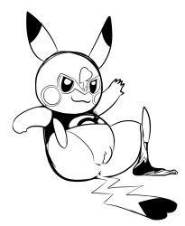 Rule 34 | :3, animal ears, anus, arms up, ass, bottomless, clitoris, cosplay, cosplay pikachu, creatures (company), feet, female focus, full body, game freak, gen 1 pokemon, greyscale, highres, legs up, luchador, luchador mask, mask, monochrome, nintendo, no humans, pikachu, pokemon, pokemon (creature), pokemon oras, pokemon rgby, pussy, samuriolu, simple background, sitting, sleeveless, smile, spread legs, tail, uncensored, white background, wrestling outfit