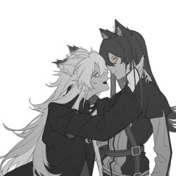 Rule 34 | 2girls, animal ear fluff, arknights, arm around neck, belt, belt bag, belt buckle, buckle, clenched teeth, collared jacket, commentary request, eye contact, face-to-face, from side, greyscale, hair over shoulder, hand in another&#039;s hair, hand on another&#039;s neck, high collar, jacket, lappland (arknights), layered sleeves, long hair, long sleeves, looking at another, monochrome, multiple belts, multiple girls, nail polish, open clothes, open jacket, open mouth, orange eyes, parted lips, shirt, short over long sleeves, short sleeves, simple background, smile, spot color, straight hair, tail, teeth, texas (arknights), upper body, upper teeth only, very long hair, void(0) (dvvtfxbnn), white background, white eyes, wolf tail, yuri