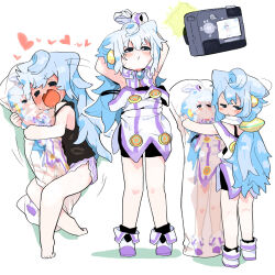 Rule 34 | 1boy, arms behind head, arms up, barefoot, black camisole, black shorts, black socks, blue hair, blush, boots, camera, camera flash, camisole, closed eyes, closed mouth, commentary request, cuddling, dakimakura (object), dolphin shorts, double strap slip, dress, embarrassed, full-face blush, furrowed brow, gloves, hacka doll, hacka doll 3, hair ears, hair ornament, heart, highres, long hair, looking at viewer, looking back, mossgreen, multiple views, narcissism, nose blush, pillow, purple shorts, short dress, short shorts, shorts, simple background, sleeveless, sleeveless dress, socks, taking picture, trap, white background, white dress, white gloves, yaoi