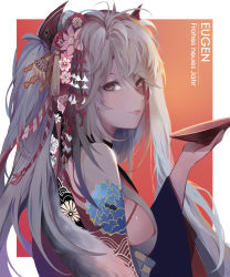 Rule 34 | 1girl, alternate costume, antenna hair, azur lane, blush, breasts, character name, closed mouth, cup, flower, from side, hair between eyes, hair flower, hair ornament, hango, highres, holding, holding cup, japanese clothes, kimono, large breasts, long hair, looking at viewer, multicolored hair, prinz eugen (azur lane), prinz eugen (profusion of flowers) (azur lane), red hair, sideboob, sidelocks, silver hair, smile, solo, streaked hair, two side up, very long hair