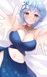 Rule 34 | 1girl, absurdres, alternate hairstyle, bare shoulders, blue hair, braid, breasts, cleavage, cowboy shot, crossed bangs, flower, hair between eyes, hair flower, hair ornament, harem outfit, highres, hololive, jewelry, large breasts, looking at viewer, lying, midriff, navel, neck ring, necklace, on back, onabe no shime, open mouth, pointy ears, reaching, reaching towards viewer, skirt, solo, virtual youtuber, yellow eyes, yukihana lamy