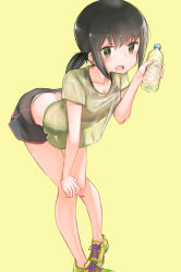Rule 34 | 1girl, absurdres, alternate costume, ankle socks, black hair, black shorts, bottle, bra, butt crack, commentary request, fubuki (kancolle), green eyes, green shirt, highres, kabayaki namazu, kantai collection, leaning forward, looking at viewer, low ponytail, open mouth, panties, panty peek, ponytail, red bra, see-through, shirt, shoes, short ponytail, shorts, sidelocks, sneakers, socks, solo, sports bra, standing, thighs, underwear, white socks, yellow footwear