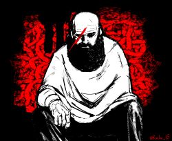Rule 34 | 1boy, anniversary, bald, beard, brad armstrong, facial hair, feet out of frame, full beard, greyscale with colored background, hand on own knee, kocho 15, lisa (series), lisa the painful, poncho, scar, scar across eye, sitting, solo, thick beard, twitter username