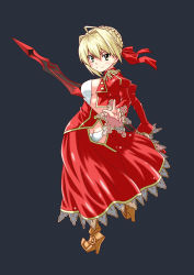 Rule 34 | 10s, 1girl, absurdres, aestus estus, ahoge, artoria pendragon (all), artoria pendragon (fate), ass, ass cutout, black background, blonde hair, boots, braid, breasts, brown footwear, butt crack, closed mouth, clothing cutout, commentary request, dress, epaulettes, fate/extra, fate (series), french braid, from side, full body, hair intakes, hair ribbon, high heel boots, high heels, highres, holding, holding sword, holding weapon, jacket, juliet sleeves, long sleeves, looking at viewer, looking back, muichimon, nero claudius (fate), nero claudius (fate) (all), nero claudius (fate/extra), panties, puffy sleeves, red dress, red jacket, red ribbon, ribbon, saber (fate), short hair, sideboob, simple background, smile, solo, standing, sword, underwear, weapon, white panties, yellow eyes