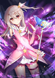 Rule 34 | 1girl, absurdres, brown eyes, cowboy shot, detached sleeves, fate/kaleid liner prisma illya, fate (series), floating hair, hair between eyes, hair ornament, highres, holding, holding staff, holster, long hair, looking at viewer, magical girl, miniskirt, pleated skirt, prisma illya, shiny skin, side ponytail, silver hair, skirt, smile, solo, sparkle, staff, standing, thigh holster, thighhighs, white skirt, white thighhighs, yiyu qing mang