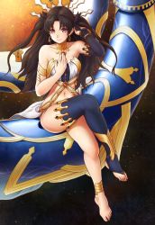 Rule 34 | 1girl, anklet, armlet, barefoot, black bow, black hair, bow, breasts, crossed legs, detached sleeves, earrings, fate/grand order, fate (series), feet, finalcake, full body, hair bow, hand on own chest, highres, ishtar (fate), jewelry, long hair, looking at viewer, navel, official alternate costume, possessed, possession, red eyes, single detached sleeve, single thighhigh, sitting, small breasts, solo, thighhighs, tiara, toes, tohsaka rin, very long hair