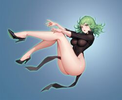 Rule 34 | 1girl, alternate breast size, ass, black dress, black footwear, blue background, blush, breasts, commentary request, dark night (darkotl), dress, fingernails, full body, gradient background, green eyes, green hair, green nails, high heels, highleg, highleg dress, highres, lips, long legs, looking at viewer, medium breasts, medium hair, nail polish, one-punch man, open mouth, shiny clothes, shiny skin, short sleeves, simple background, tatsumaki, telekinesis, thighs
