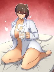 Rule 34 | 1girl, absurdres, breasts, brown eyes, brown hair, collarbone, collared shirt, cup, highres, holding, holding cup, kaga (kancolle), kantai collection, large breasts, long hair, long sleeves, mug, naked shirt, open clothes, open shirt, osora (judithandlilith), shirt, short sidetail, side ponytail, sitting, solo, white shirt
