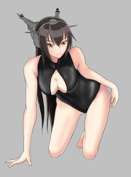 Rule 34 | 1girl, all fours, bad id, bad pixiv id, bent over, breasts, brown hair, cleavage, commentary request, front zipper swimsuit, kantai collection, long hair, looking at viewer, medium breasts, meme attire, nagato (kancolle), one-piece swimsuit, red eyes, smile, solo, swimsuit, yuuka6