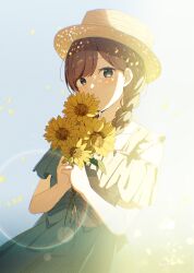 Rule 34 | 1girl, blue dress, blue eyes, blush, boater hat, braid, brown hair, chromatic aberration, clothing cutout, collarbone, commentary request, dot nose, dress, flower, frilled dress, frills, front-tie top, hanako151, hat, highres, holding, holding flower, lens flare, long hair, looking at viewer, original, own hands together, parted lips, shade, shoulder cutout, side braid, sidelighting, signature, sleeveless, sleeveless dress, solo, sundress, sunflower, sunlight, swept bangs, teeth