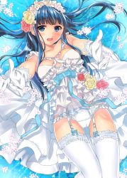 Rule 34 | 10s, 1girl, blue eyes, blue hair, blunt bangs, blush, breasts, cleavage, dress, flower, frills, garter straps, gloves, head wreath, long hair, looking at viewer, mahouka koukou no rettousei, matching hair/eyes, open mouth, outstretched arms, panties, shiba miyuki, shiny skin, solo, thigh gap, thighhighs, underwear, wedding dress, white gloves, white panties, white thighhighs, yu yu