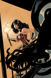 Rule 34 | 1girl, black hair, blue eyes, dc comics, fire, highres, holding, holding torch, indoors, long hair, snake, terrydodson, torch, vambraces, wonder woman