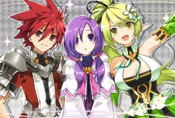 Rule 34 | 1boy, 2girls, aisha landar, antenna hair, armor, breasts, cleavage, commentary request, detached collar, elemental master (elsword), elf, elsword, elsword (character), flower, green eyes, green hair, hair between eyes, hair flower, hair ornament, hood, hood down, large breasts, long hair, looking at viewer, lord knight (elsword), multiple girls, open mouth, pointy ears, purple eyes, purple hair, purple sweater, red eyes, red hair, red shirt, rena erindel, ribbed sweater, robe, shirt, shoulder armor, side ponytail, spiked hair, sweater, turtleneck, turtleneck sweater, twintails, very long hair, vilor, white flower, white robe, wind sneaker (elsword)