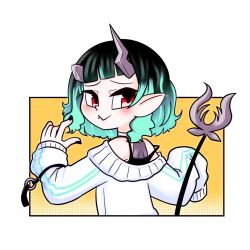 Rule 34 | 1girl, arakiinochi, black hair, black nails, black tank top, blue hair, blunt bangs, blush, closed mouth, commentary request, demon girl, demon horns, demon tail, fang, fingernails, from behind, gradient hair, highres, horns, looking at viewer, looking back, medium hair, multicolored hair, nail polish, nanashi inc., off shoulder, official alternate costume, pointy ears, red eyes, shishio chris, shishio chris (2nd costume), smile, solo, strap slip, sugar lyric, sweater, tail, tank top, two-tone hair, upper body, virtual youtuber, white background, white sweater