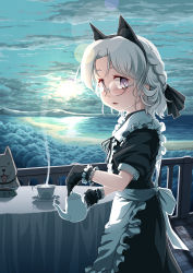 Rule 34 | 1girl, alternate costume, apron, black dress, black gloves, cup, dog, dress, enmaided, frilled apron, frills, futatsuki hisame, glasses, gloves, grey hair, hirato (kancolle), holding, holding teapot, kantai collection, maid, maid apron, puffy short sleeves, puffy sleeves, purple eyes, saucer, short hair, short sleeves, solo, teacup, teapot, waist apron, wavy hair, white apron