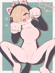 Rule 34 | 1girl, animal ears, blonde hair, blue hair, blush, bodysuit, breasts, breath, cat ears, cat rosalina, cat tail, crown, earrings, fake animal ears, fake tail, fang, hair over one eye, heart, highres, jewelry, kurachi mizuki, large breasts, looking at viewer, mario (series), nintendo, open mouth, rosalina, solo, star (symbol), star earrings, super mario 3d world, tail, visible air