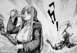 Rule 34 | 1girl, 2boys, absurdres, axe, blunt bangs, breasts, chronozbergh, commentary, drinking, elden ring, english commentary, fern (sousou no frieren), flask, greyscale, highres, holding, holding axe, holding staff, kneeling, large breasts, long hair, lying, monochrome, multiple boys, on back, radagon of the golden order, robe, sousou no frieren, staff, stark (sousou no frieren), turtleneck