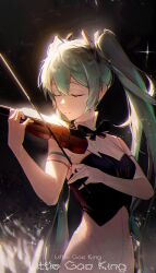 Rule 34 | 1girl, absurdres, black background, black bow, black bowtie, black ribbon, black vest, bow, bowtie, closed eyes, dress, elbow gloves, floating hair, gloves, green hair, hair between eyes, hair ribbon, hatsune miku, highres, instrument, long hair, music, parted lips, playing instrument, ribbon, sleeveless, sleeveless dress, solo, sparkle, standing, twintails, very long hair, vest, violin, vocaloid, white dress, white gloves, xiao gu wang