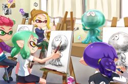 Rule 34 | 2boys, 2girls, :p, bad id, bad pixiv id, beanie, bike shorts, black pants, black shorts, blonde hair, blue hair, blue sweater, blunt bangs, boots, brown footwear, brown headwear, callie (splatoon), canvas (object), carton, casual, chair, closed eyes, colored tongue, curtains, drawing, easel, eraser, graphite (medium), green eyes, green hair, green pants, green tongue, hat, holding, holding pencil, indoors, inkling, inkling boy, inkling girl, inkling player character, jellyfish (splatoon), long sleeves, milk, multicolored clothes, multicolored sweater, multiple boys, multiple girls, nintendo, pants, pencil, pointy ears, red eyes, red hair, riko (sorube), scrunchie, shirt, shorts, sitting, splatoon (series), splatoon 2, squid, sweater, t-shirt, tentacle hair, tongue, tongue out, traditional media, white shirt