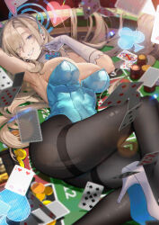 Rule 34 | 1girl, absurdres, animal ears, arm up, armpits, asuna (blue archive), asuna (bunny) (blue archive), black pantyhose, blue archive, blue bow, blue bowtie, blue eyes, blue leotard, blue ribbon, blurry, bow, bowtie, breasts, card, club (shape), collar, commentary request, covered navel, depth of field, detached collar, eyes visible through hair, fake animal ears, floating card, foot out of frame, gloves, grin, hair over one eye, hair ribbon, halo, hand up, head tilt, heart, high heels, highleg, highleg leotard, highres, joehongtee, knee up, large breasts, legs, leotard, light brown hair, long hair, looking at viewer, lying, official alternate costume, on back, on table, pantyhose, playing card, poker chip, rabbit ears, ribbon, sidelocks, smile, solo, spade (shape), strapless, strapless leotard, table, thighband pantyhose, thighs, very long hair, white collar, white footwear, white gloves
