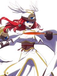 Rule 34 | 1girl, arin66, blazblue, blue eyes, brown gloves, cape, coat, cowboy shot, gloves, hat, long hair, looking at viewer, open mouth, pants, red hair, serious, solo, sword, tsubaki yayoi, weapon, white background, white pants