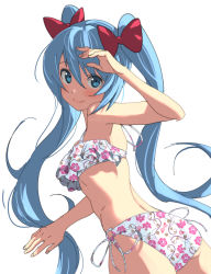 Rule 34 | 1girl, arm up, armpits, ass, bikini, blue eyes, blue hair, blush, bow, breasts, closed mouth, domo1220, fingernails, floral print, hair between eyes, hair bow, hatsune miku, long hair, print bikini, red bow, side-tie bikini bottom, simple background, small breasts, smile, solo, swimsuit, twintails, very long hair, vocaloid, white background, white bikini