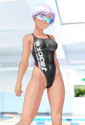 1girl absurdres black_one-piece_swimsuit breasts clothes_writing commentary_request competition_swimsuit covered_navel dark-skinned_female dark_skin feet_out_of_frame highleg highleg_one-piece_swimsuit highres medium_breasts one-piece_swimsuit original short_hair solo standing sunglasses swimsuit takafumi white_hair